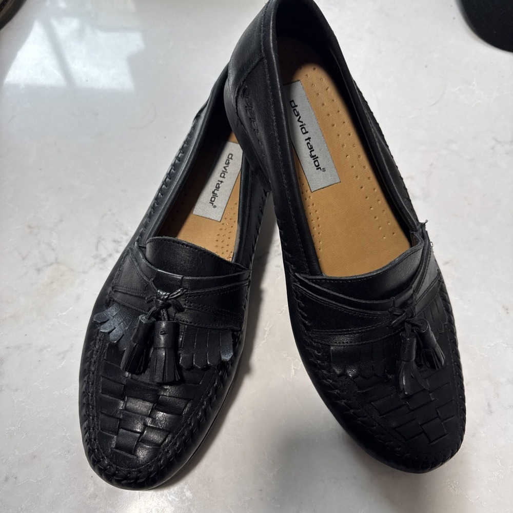DAVID TAYLOR Shoes Mens 9.5 D Kennedy Tassel Loafers Leather Woven Black Slip-On
